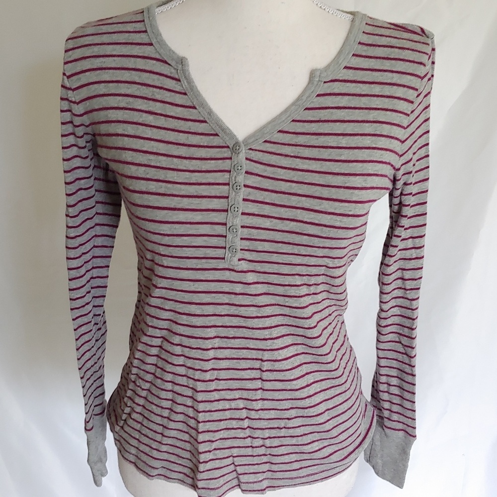 BCBG Paris Magenta & Gray Striped Long Sleeve Top